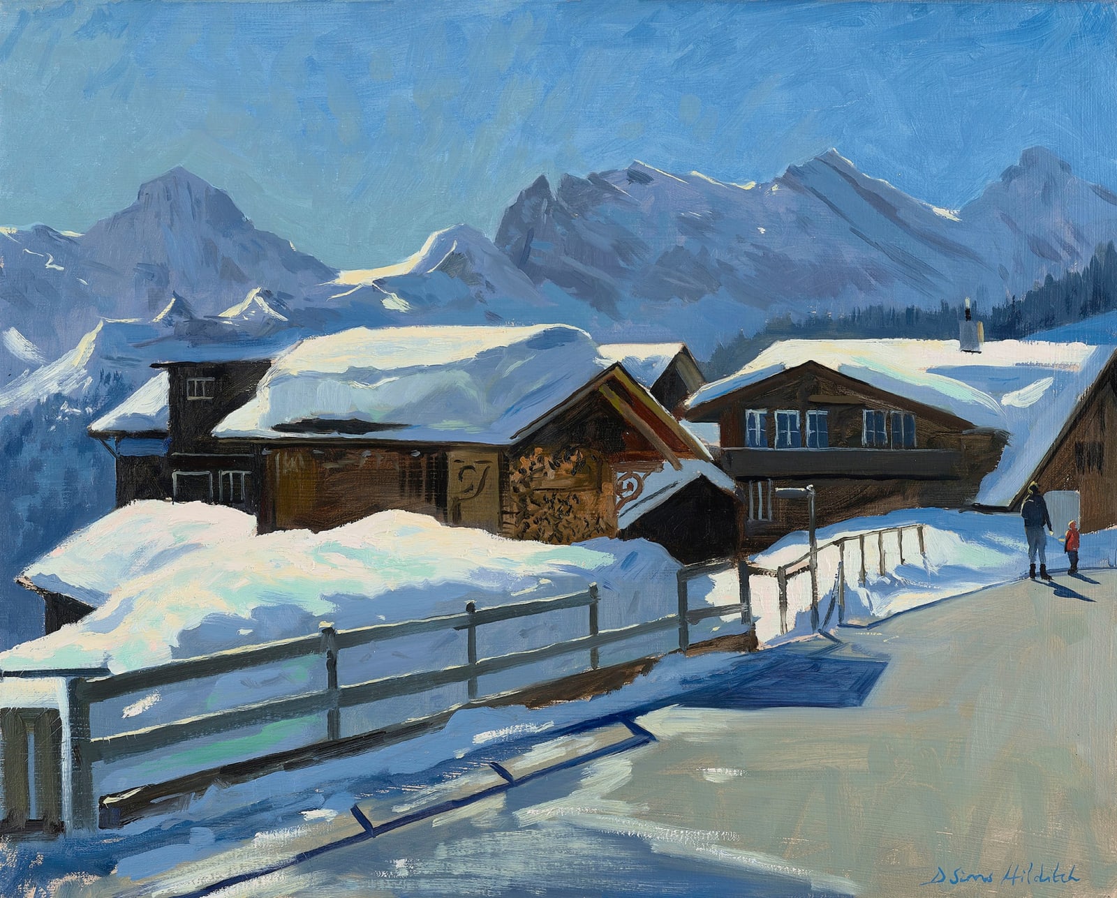 Daisy Sims Hilditch, Snow Covered Mürren Log Store, The Breithorn