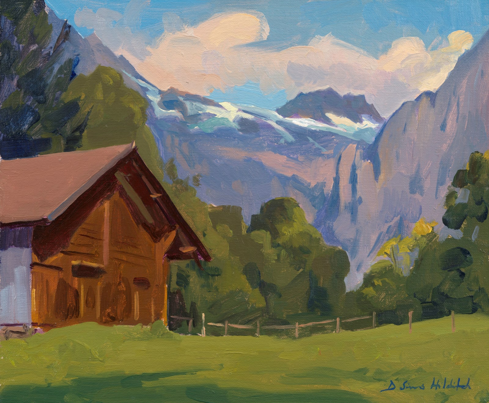 Daisy Sims Hilditch, Summer evening, farm huts with the Wetterhorn beyond