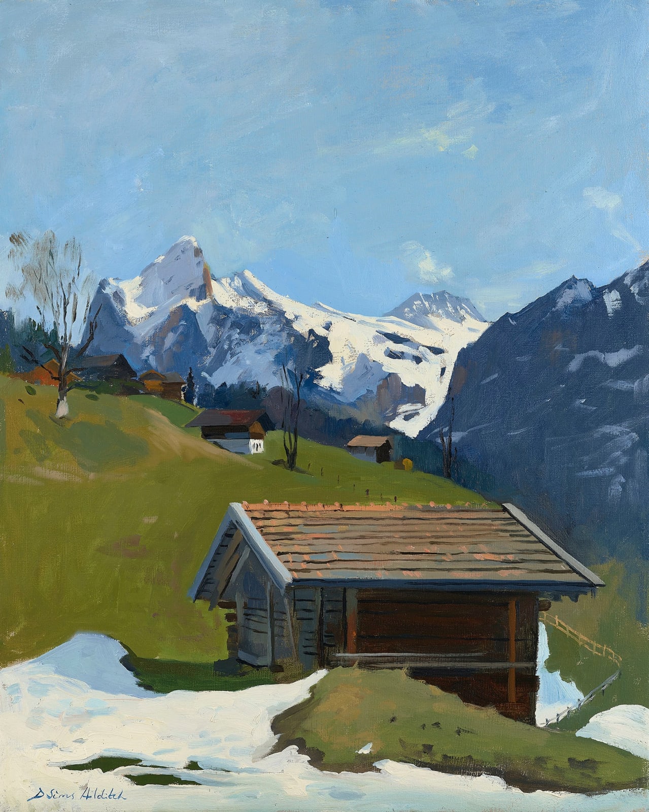 Daisy Sims Hilditch, Spring Snow and Old Mountain Hut, Distant Wetterhorn