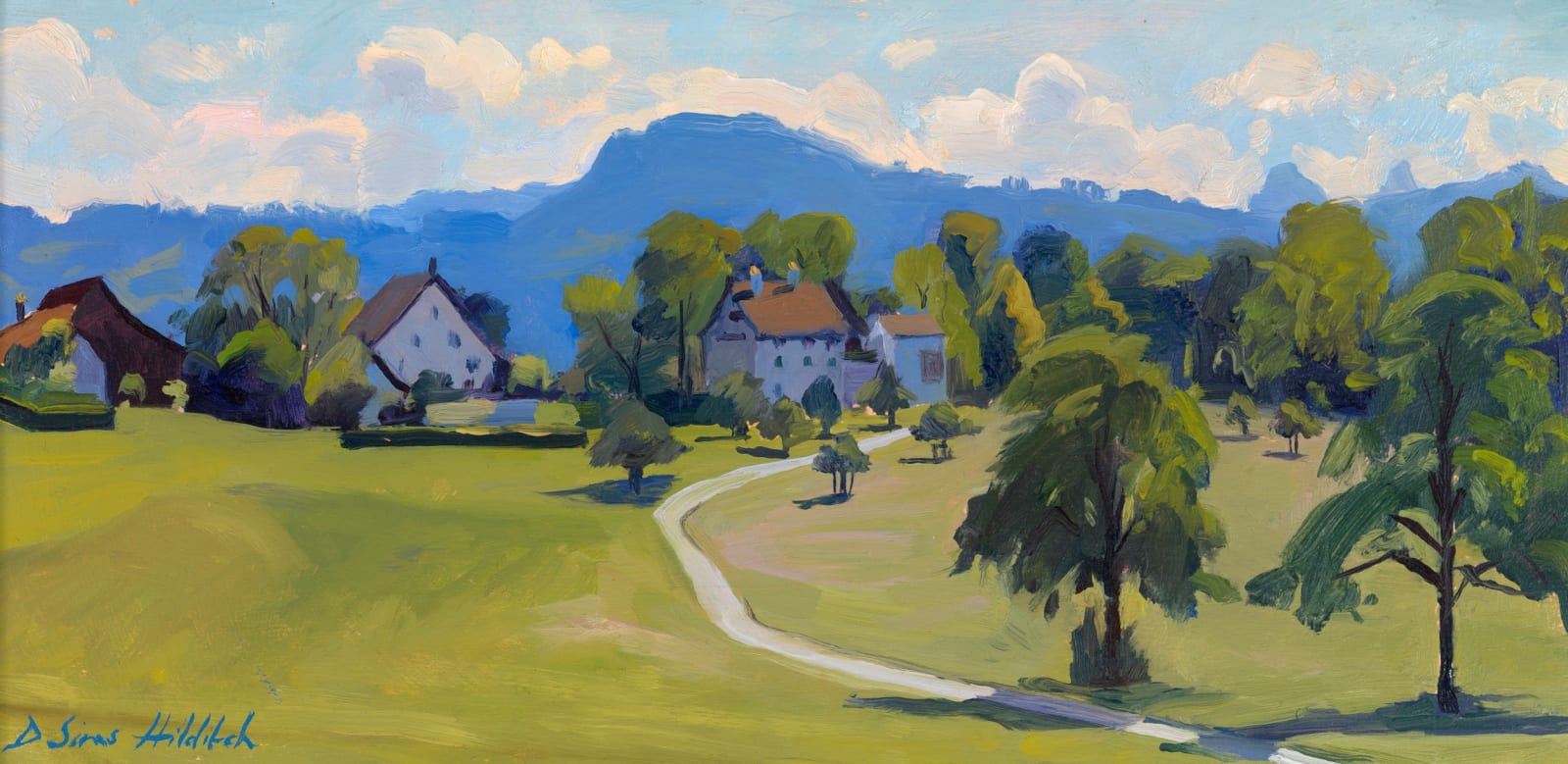 Daisy Sims Hilditch, Beautiful farmhouses and distant mountains above Rapperswil, 2022