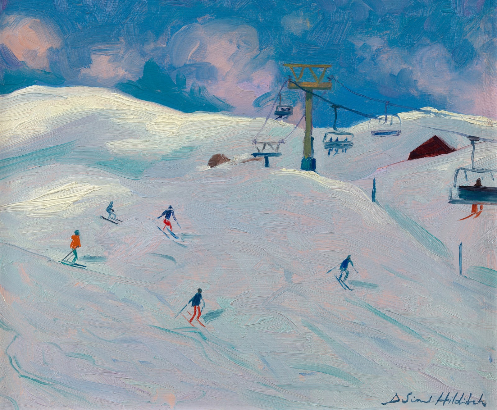Daisy Sims Hilditch, St Moritz skiers, deep blue sky