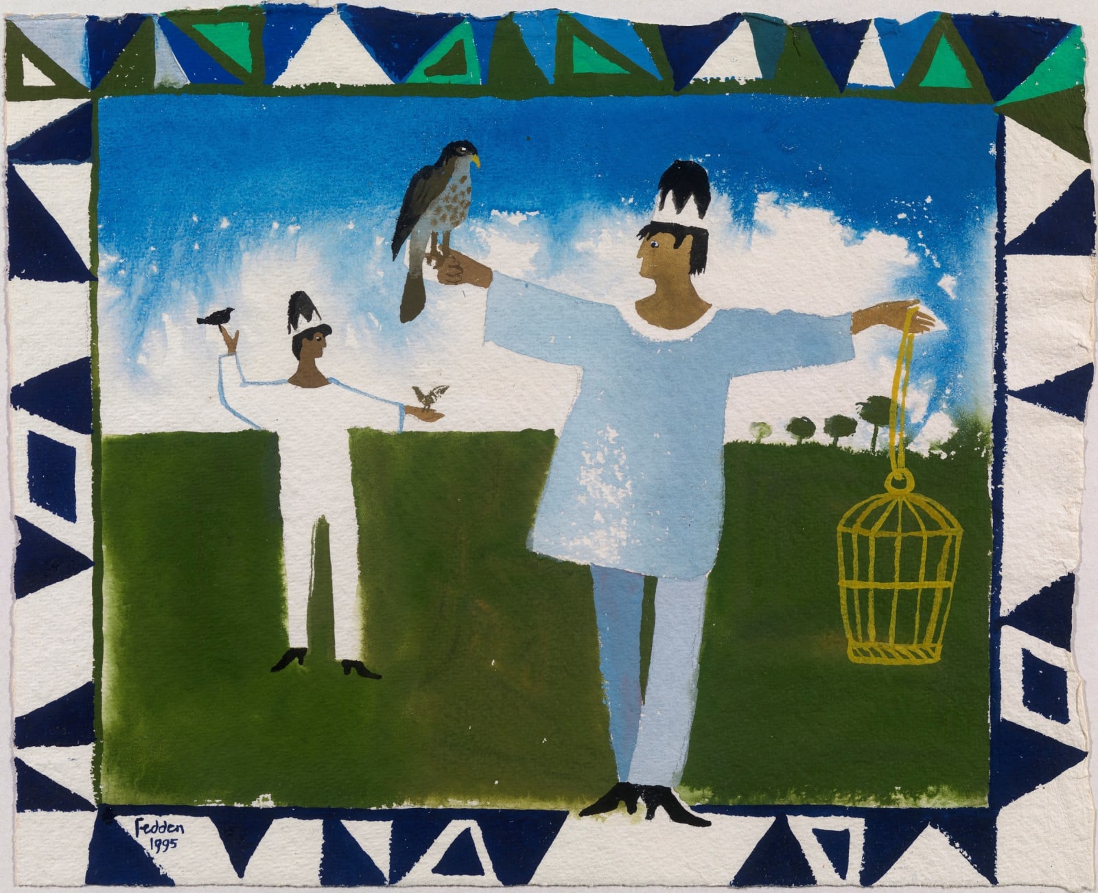 Mary Fedden, Two figures and birds, 1995