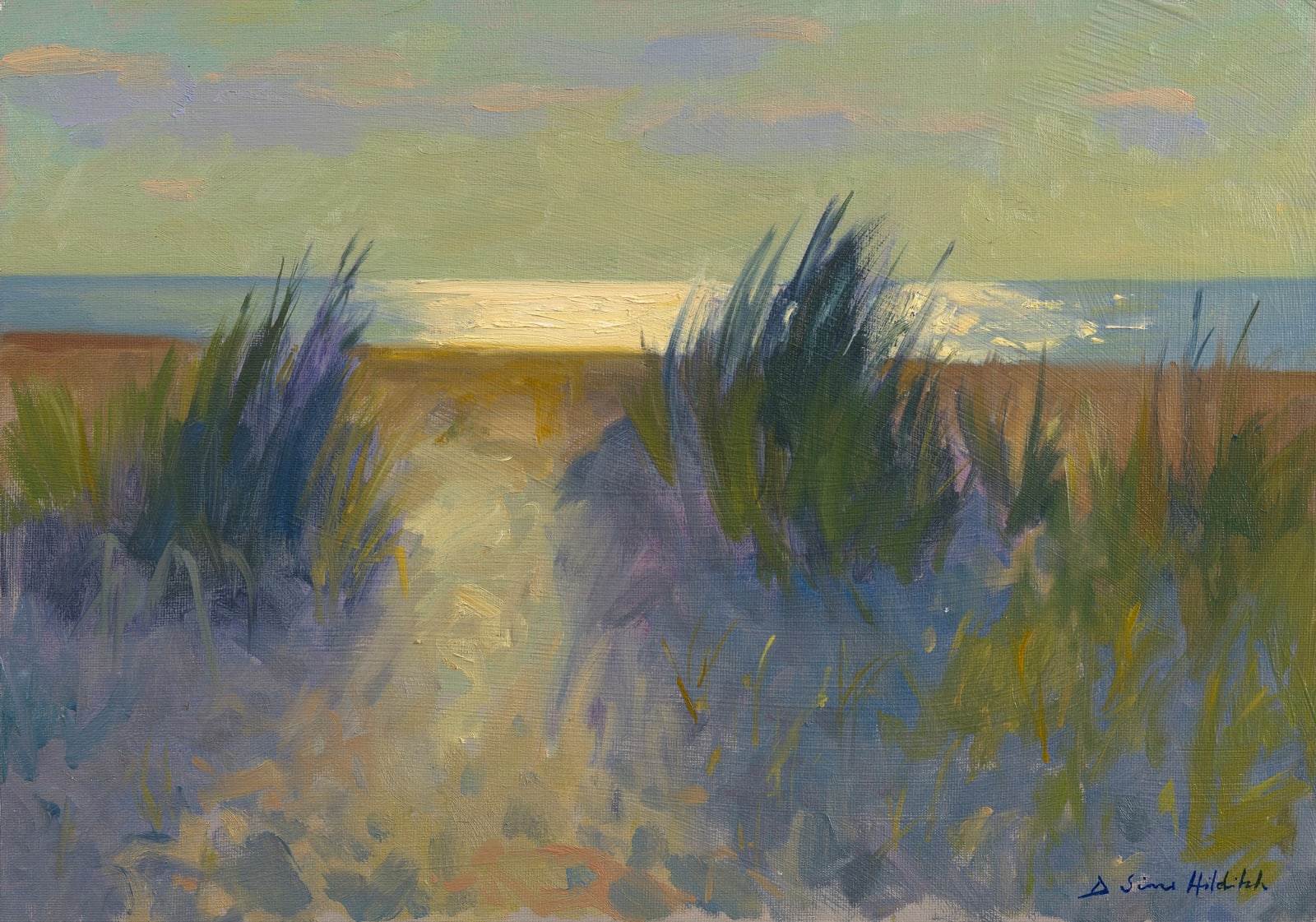 Daisy Sims Hilditch, Evening light through the dunes on Hunstanton Beach