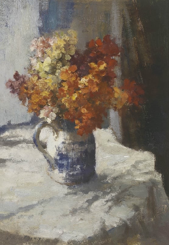 Edward Seago, Wallflowers in a Blue and White Jug, c 1950s