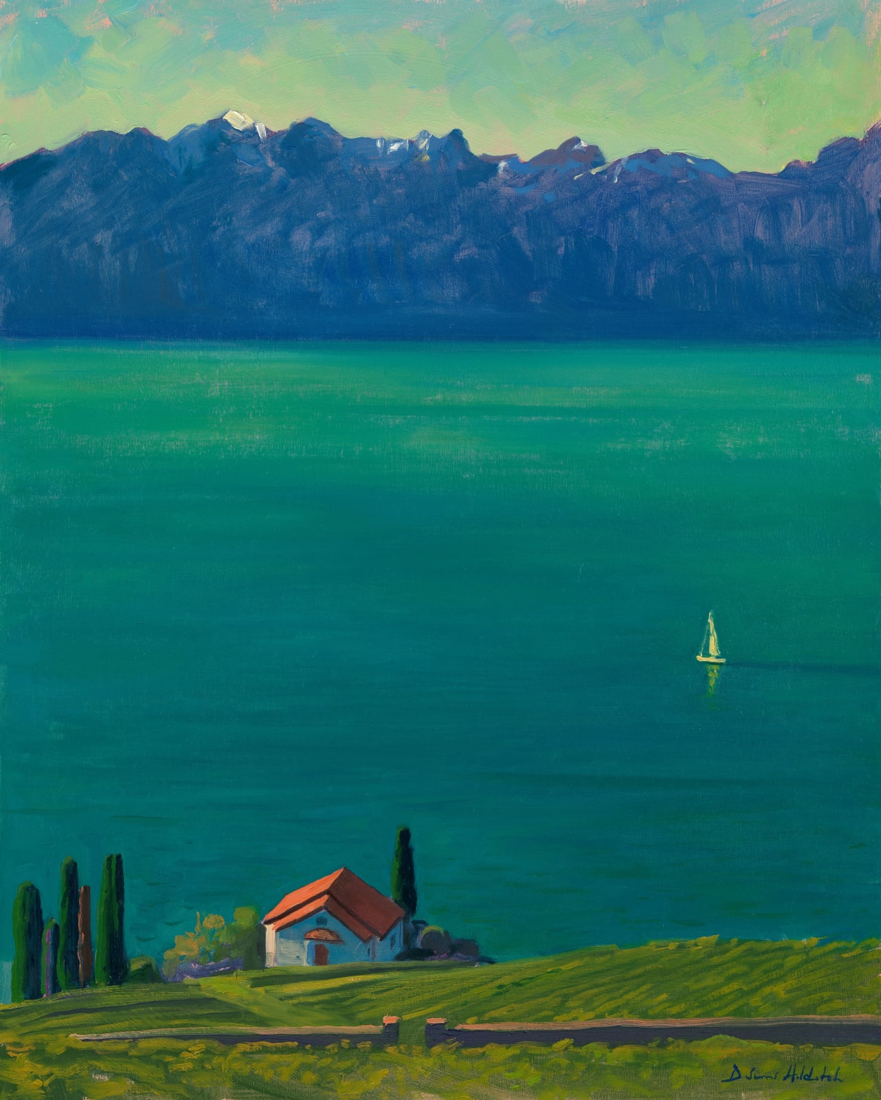 Daisy Sims Hilditch, Early morning sailing, Lac Leman with orange rooftop