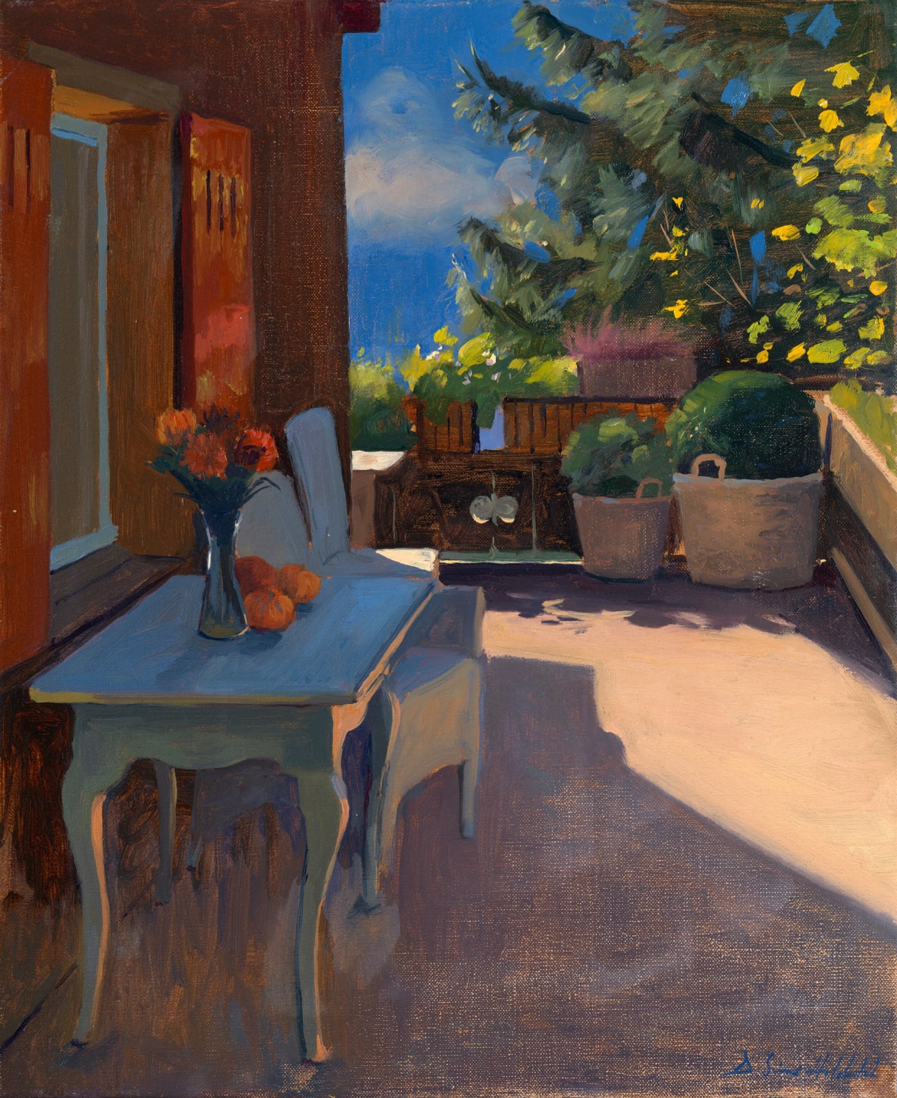 Daisy Sims Hilditch, Autumn morning on the balcony in Grindelwald, 2023