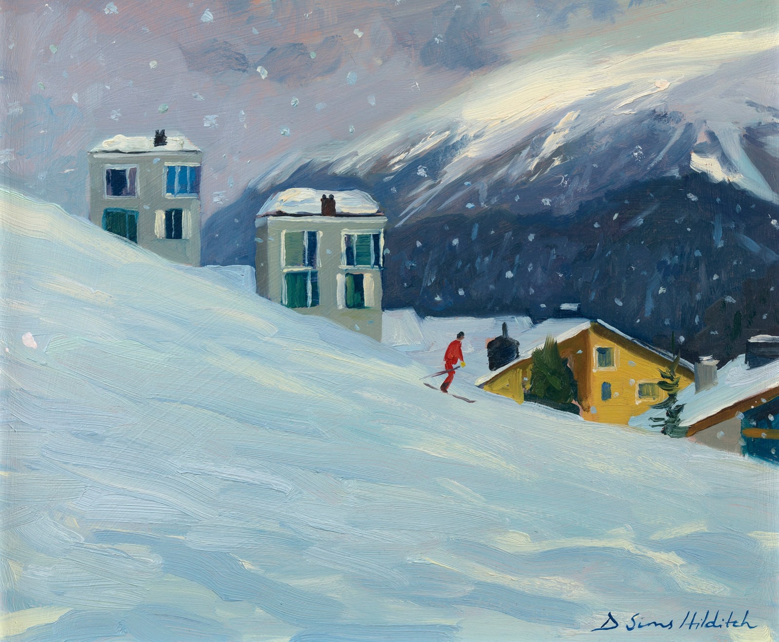 Daisy Sims Hilditch, Red ski jacket zooming past the yellow house, snowing in St Moritz