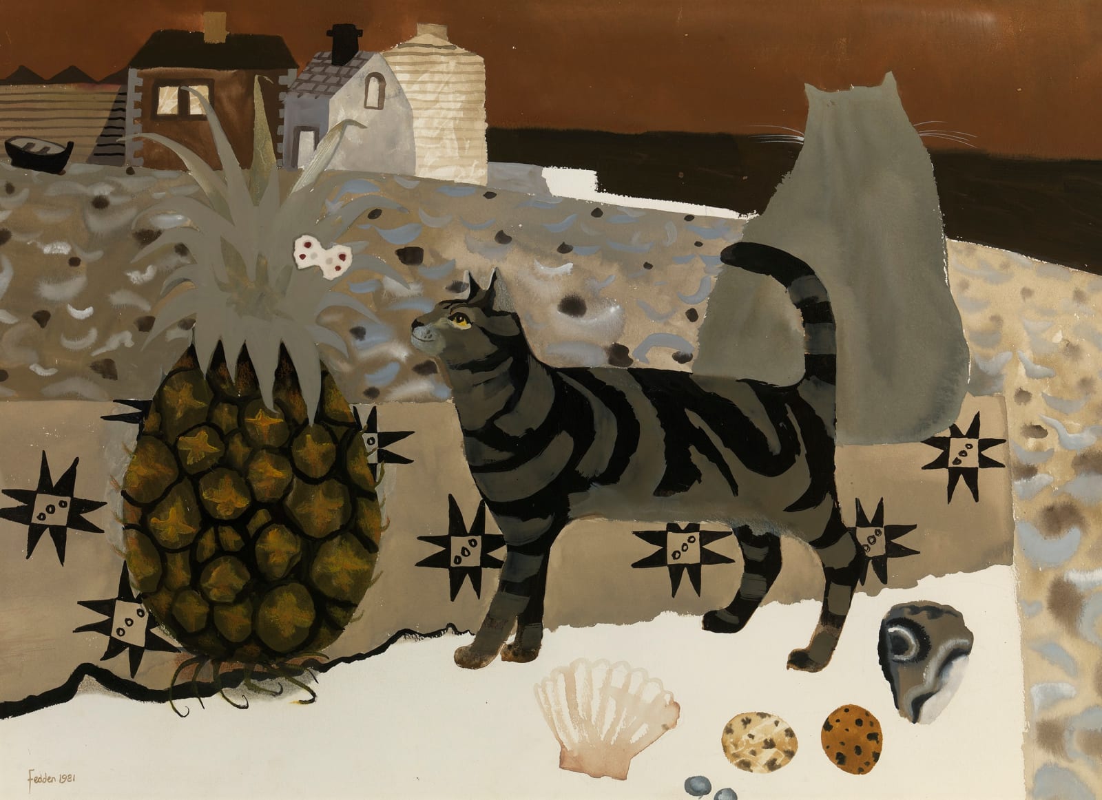 Mary Fedden, Cats on a table with a pineapple, 1981
