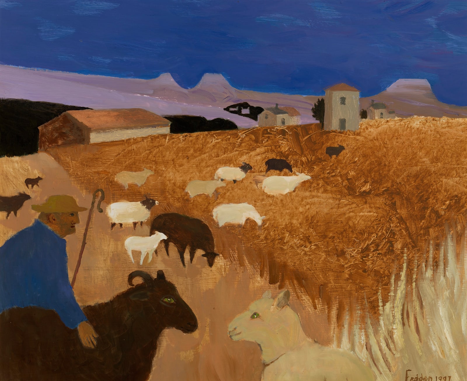 Mary Fedden, Shepherd and sheep, 1997