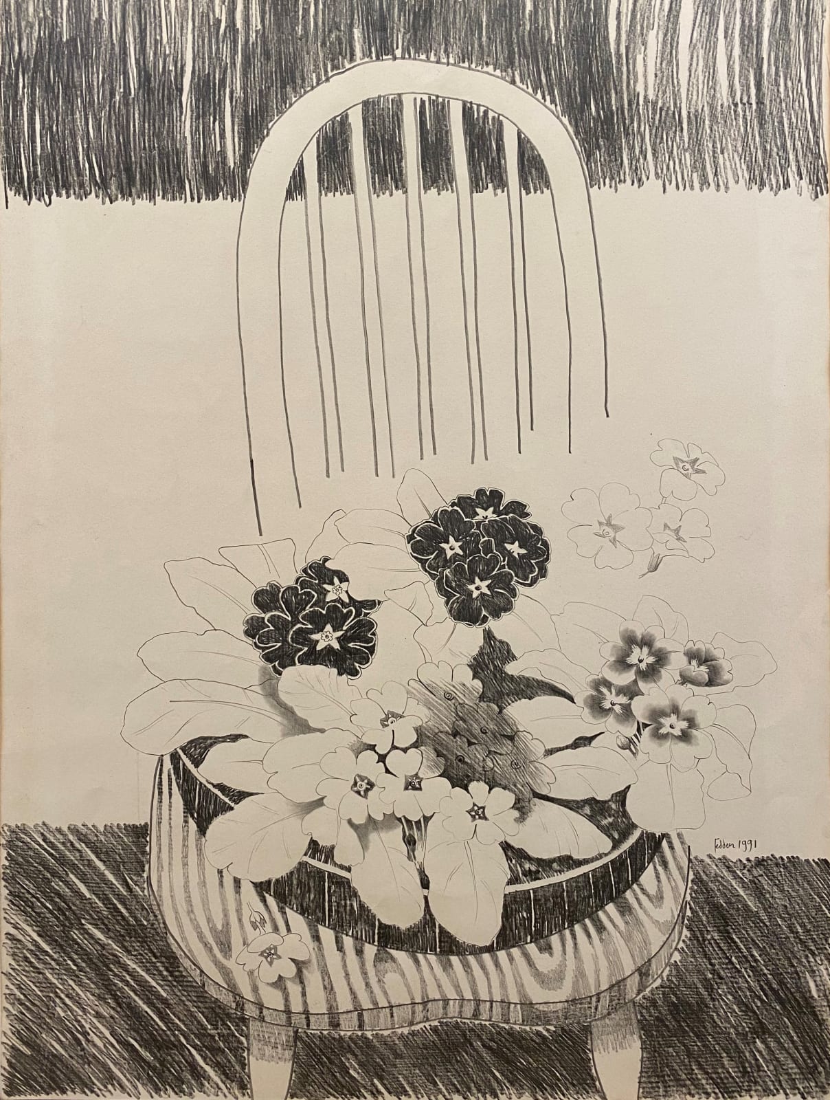 Mary Fedden, Primulas on a chair, 1991