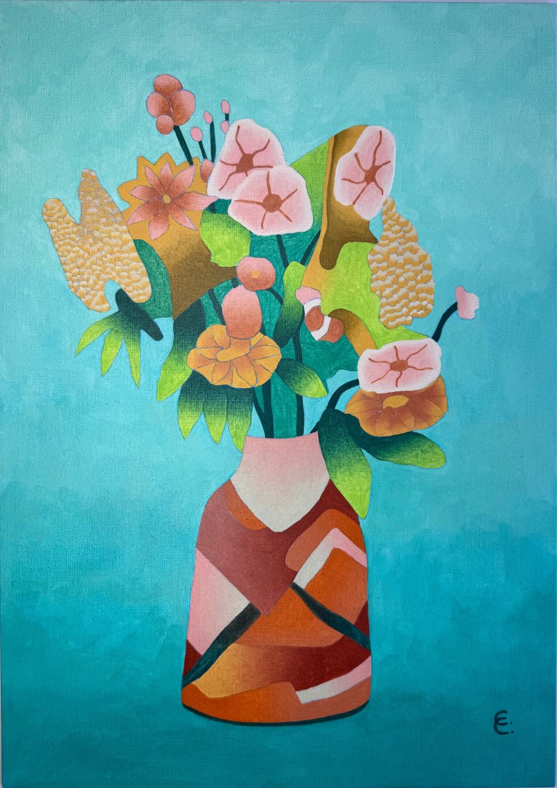 Cecilia Caulder, Flowers on turquoise background, 2025