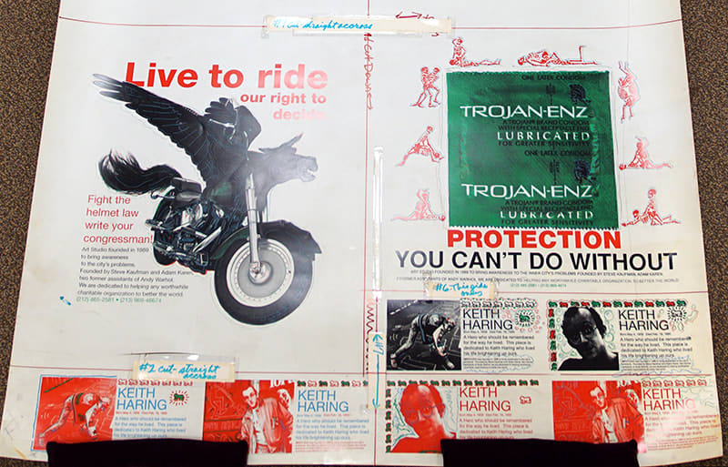 Studio mock-up of twelve works by Steve Kaufman. Detail.