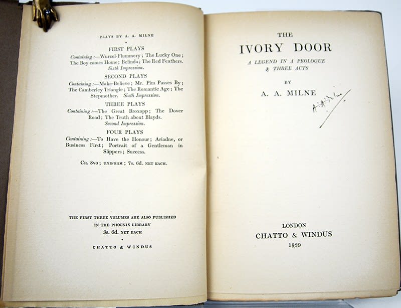 The Ivory Door. A Legend in a Prologue & Three Acts by A. A. Milne. Signed title-page spread