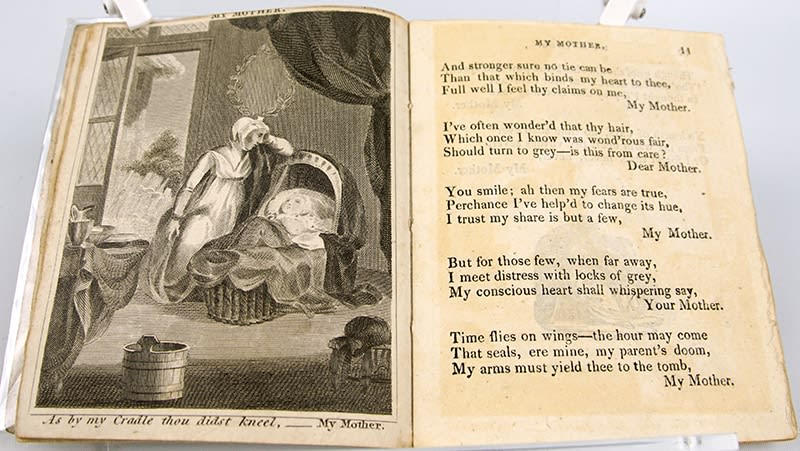 Grateful Tributes; or, Recollections of Infancy by Mary Belson Elliot. Interior page with illustration of woman with bassinet.
