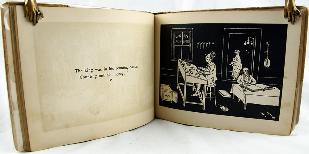 Mother Goose in White. Mother Goose Rhymes with Silhouette Illustrations. Illustrated text spread