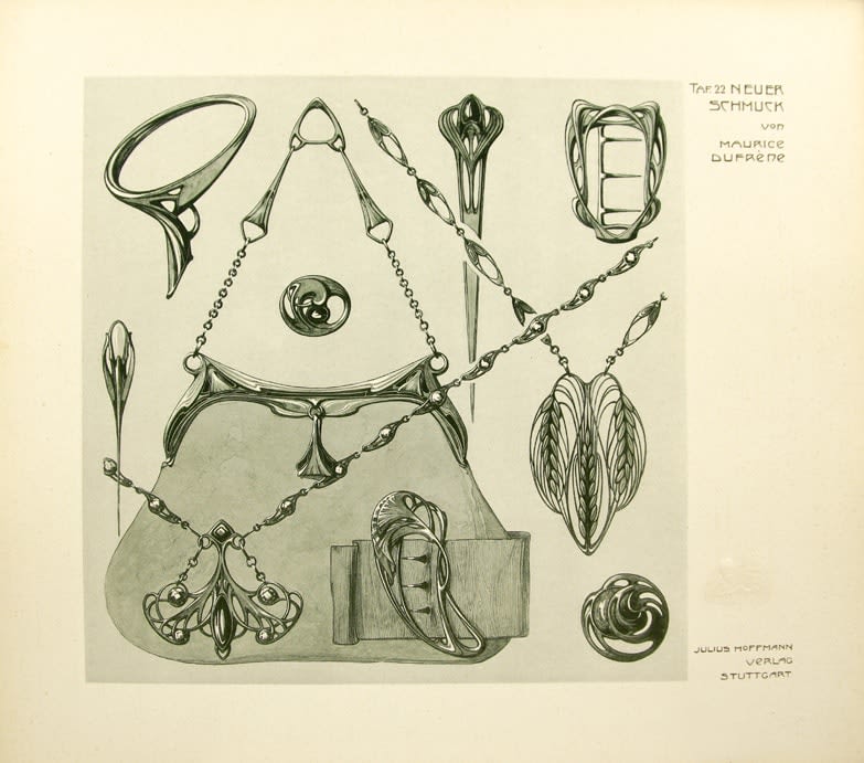 Neuer Schmuck by Maurice Dufrène, illustrated by A. Calavas. Interior page, jewelry design.
