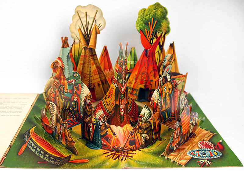 An American Indian Camp by Vojtech Kubasta. Interior pop-up of teepee camp.