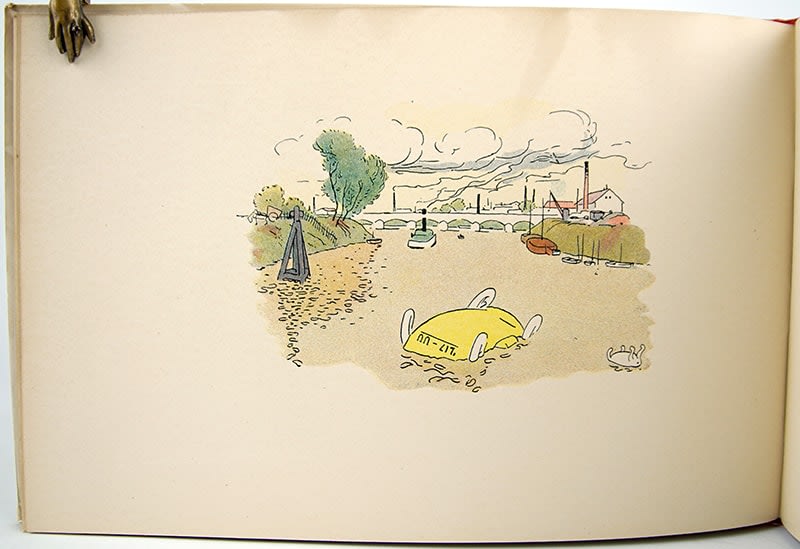 Das Automobil 217-UU by Edmond Cuénod, illustrated by Charles Emile Carlègle. Interior page with illustration of car in river