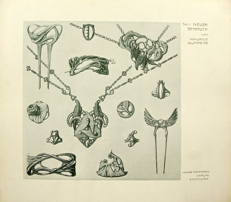 Neuer Schmuck by Maurice Dufrène, illustrated by A. Calavas. Interior page, jewelry design.