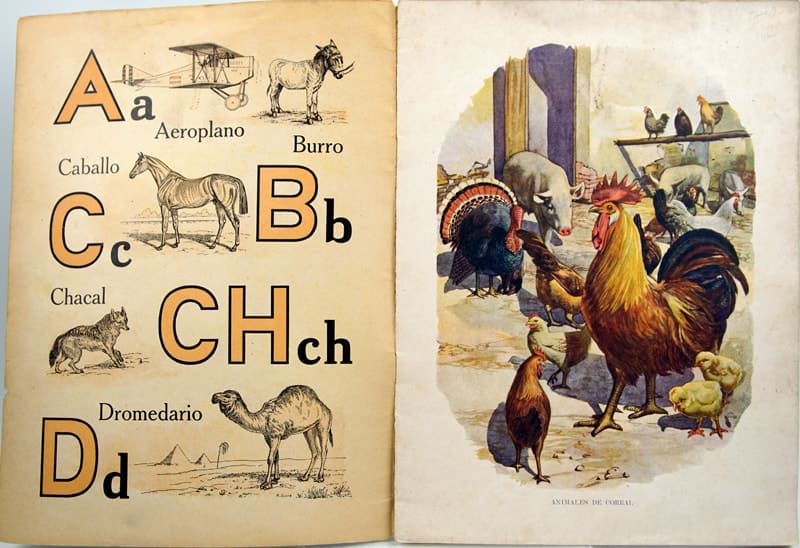 Abecedario by Ramón Sopena. Interior page with illustrations of letters A-D and rooster.
