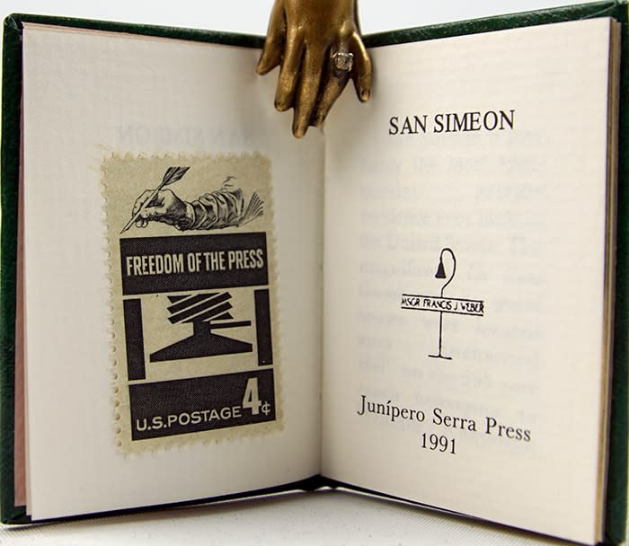 San Simeon by Francis J. Weber. Title page with postage stamp.