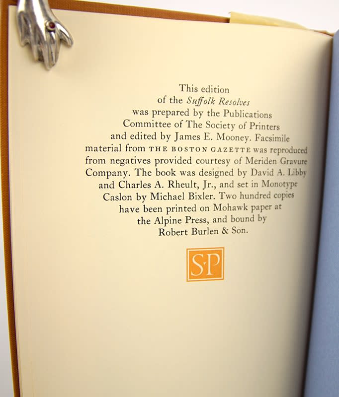 The Suffolk Resolves 1774. Reproduced from the Columns of the Boston Gazette. Colophon.