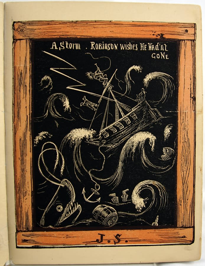 Master J. Spraggles, His Version of Robinson Crusoe as Narrated & Depicted to His School Fellows at Dr. Tickeltoby's Academy. Illustration