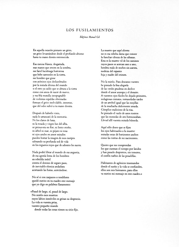 Los Fusilamientos [The Shootings] by Ildefonso Manuel Gil, illustrated by William Roberts. Interior page, poem.