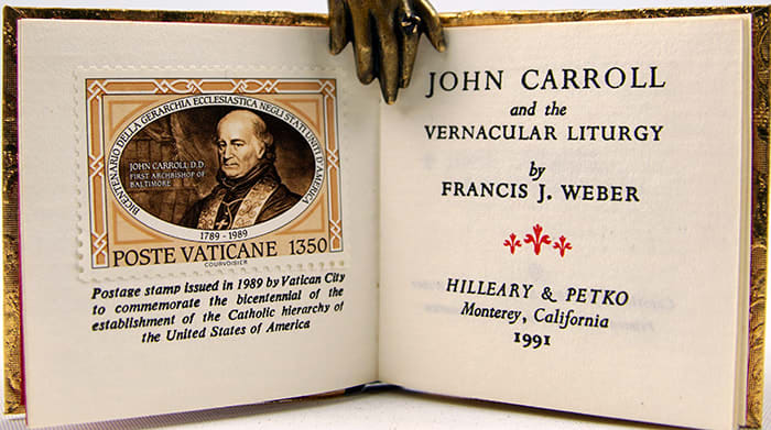 John Carroll and the Vernacular Liturgy by Francis J. Weber, illustrated by Elizabeth Hilleary. Title page with postage stamp.
