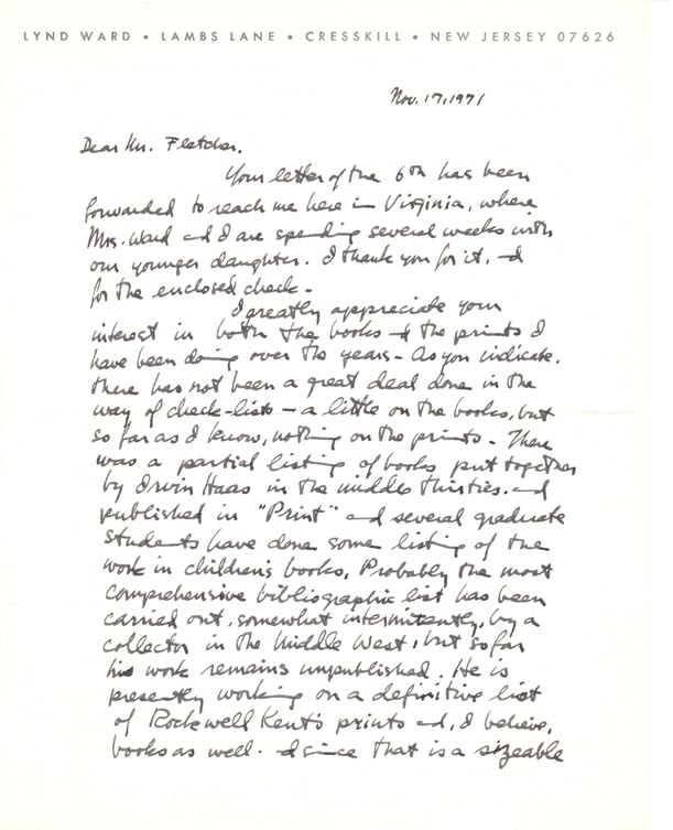 Five autographed letters, signed, to Mr. Fletcher by Lynd Ward. Front page of letter.