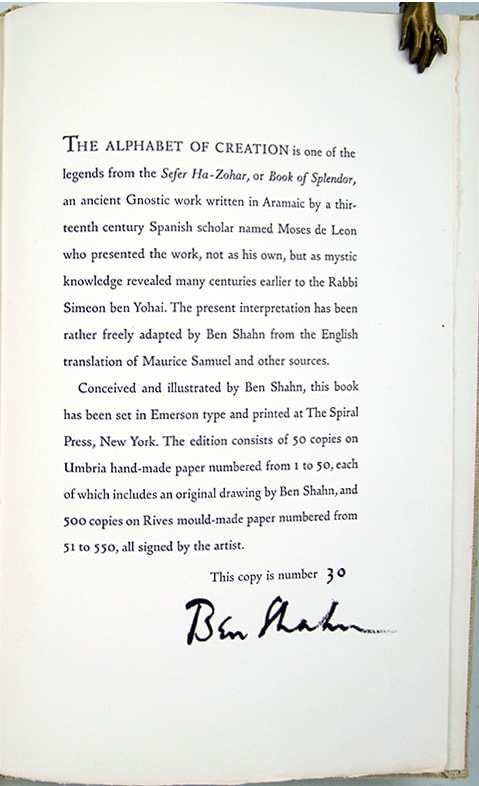 The Alphabet of Creation: An Ancient Legend from the Zohar with Drawings by Ben Shahn. Colophon.