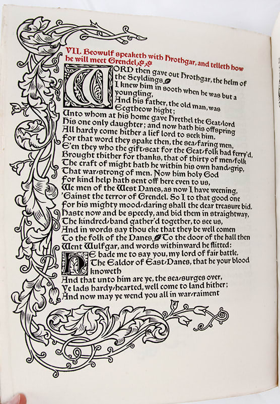 The Tale of Beowulf Sometime King of the Weder Geats, printed by the Kelmscott Press. Text
