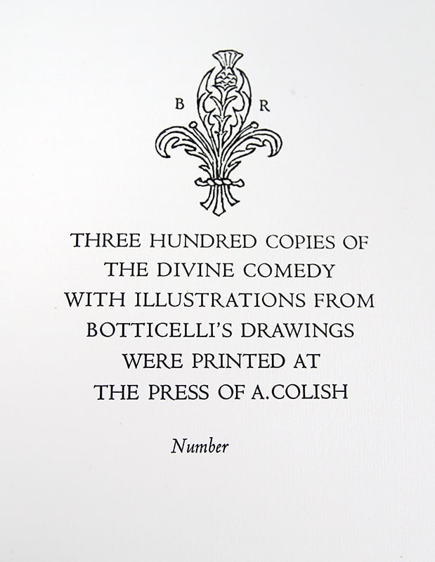 The Divine Comedy by Dante Alighieri, designed by Bruce Rogers. Colophon