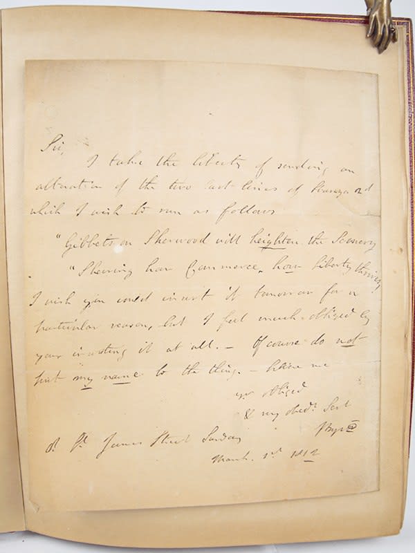A Political Ode with ALS by which it was attributed, text by Lord Byron. Letter in Byron's hand