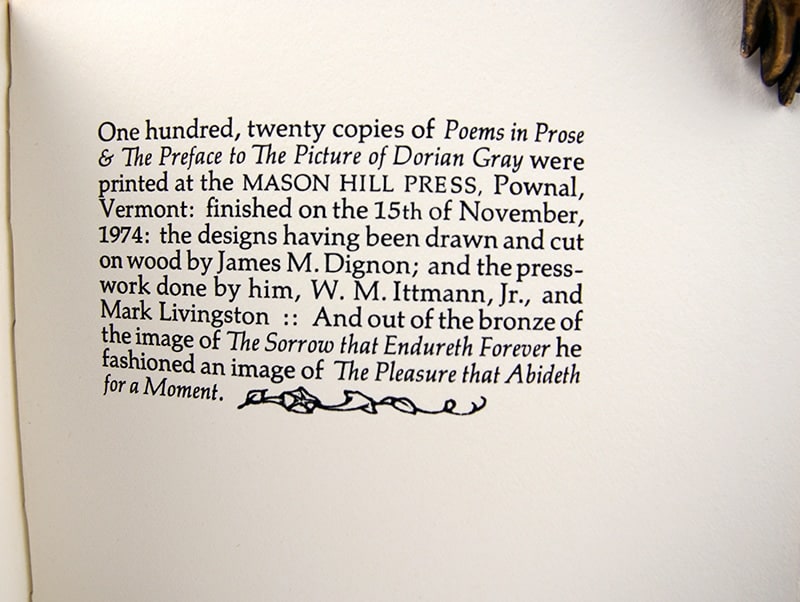 Poems in Prose & the Preface to The Picture of Dorian Gray. Colophon