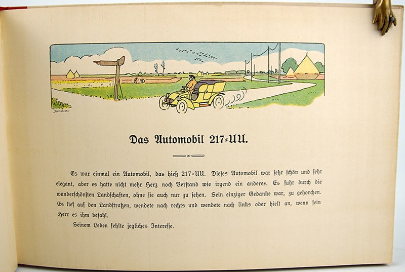 Das Automobil 217-UU by Edmond Cuénod, illustrated by Charles Emile Carlègle. Interior page illustrated with man in yellow car.