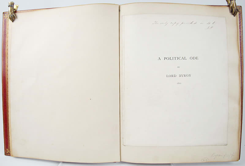 A Political Ode with ALS by which it was attributed, text by Lord Byron. Half-title page