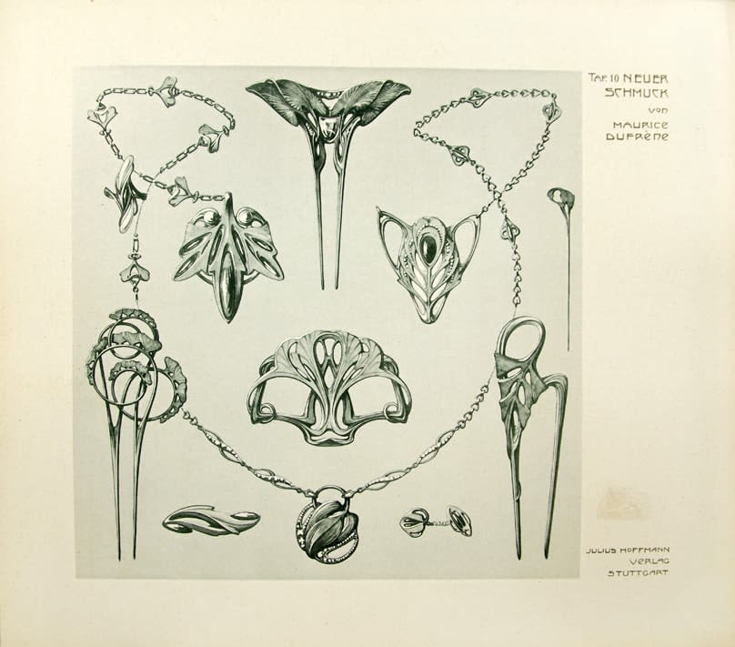 Neuer Schmuck by Maurice Dufrène, illustrated by A. Calavas. Interior page, jewelry design.