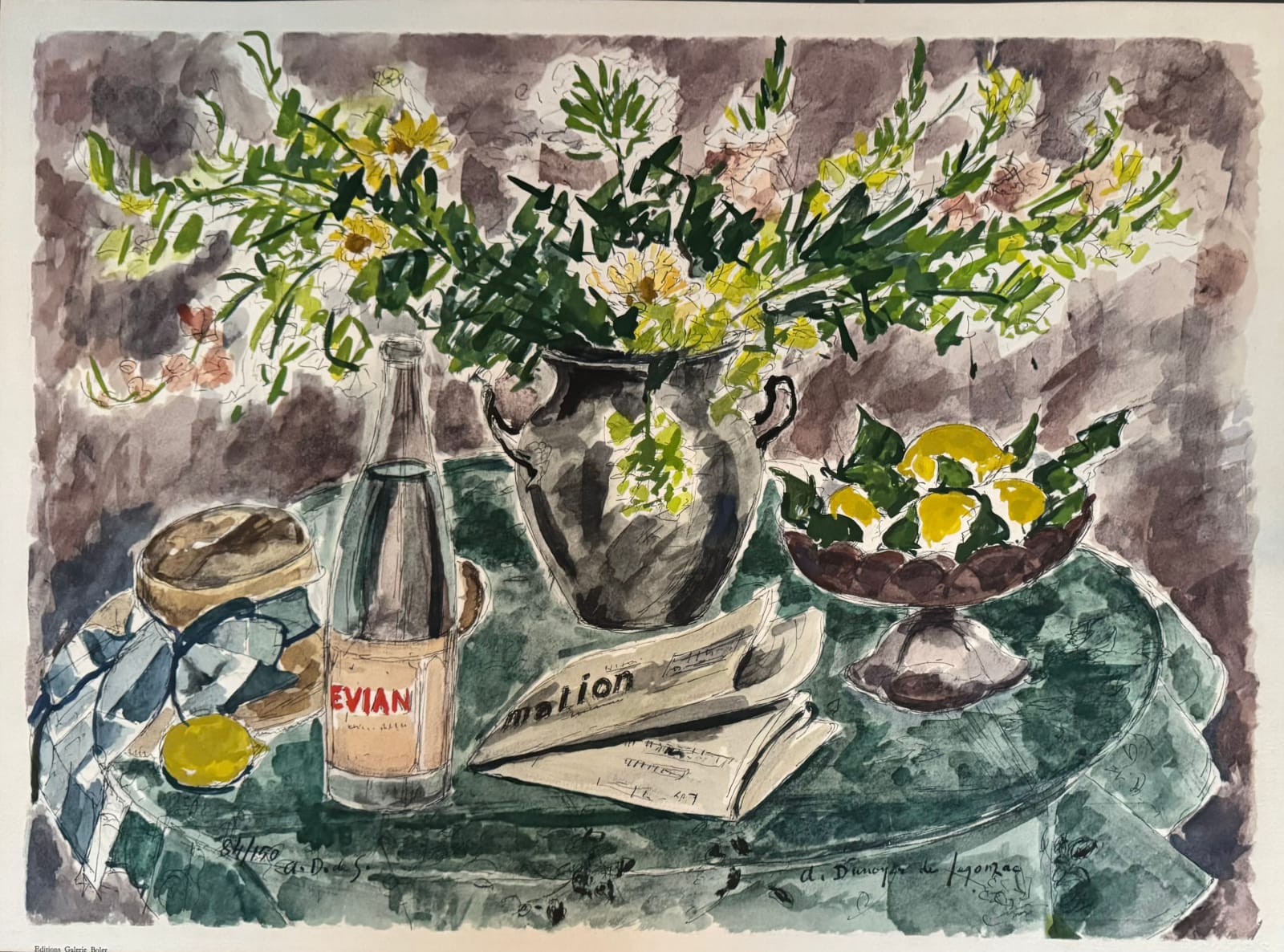 Andre Dunoyer de Segonzac, Vase de fleurs, bouteille et citrons sur la table, 1970s