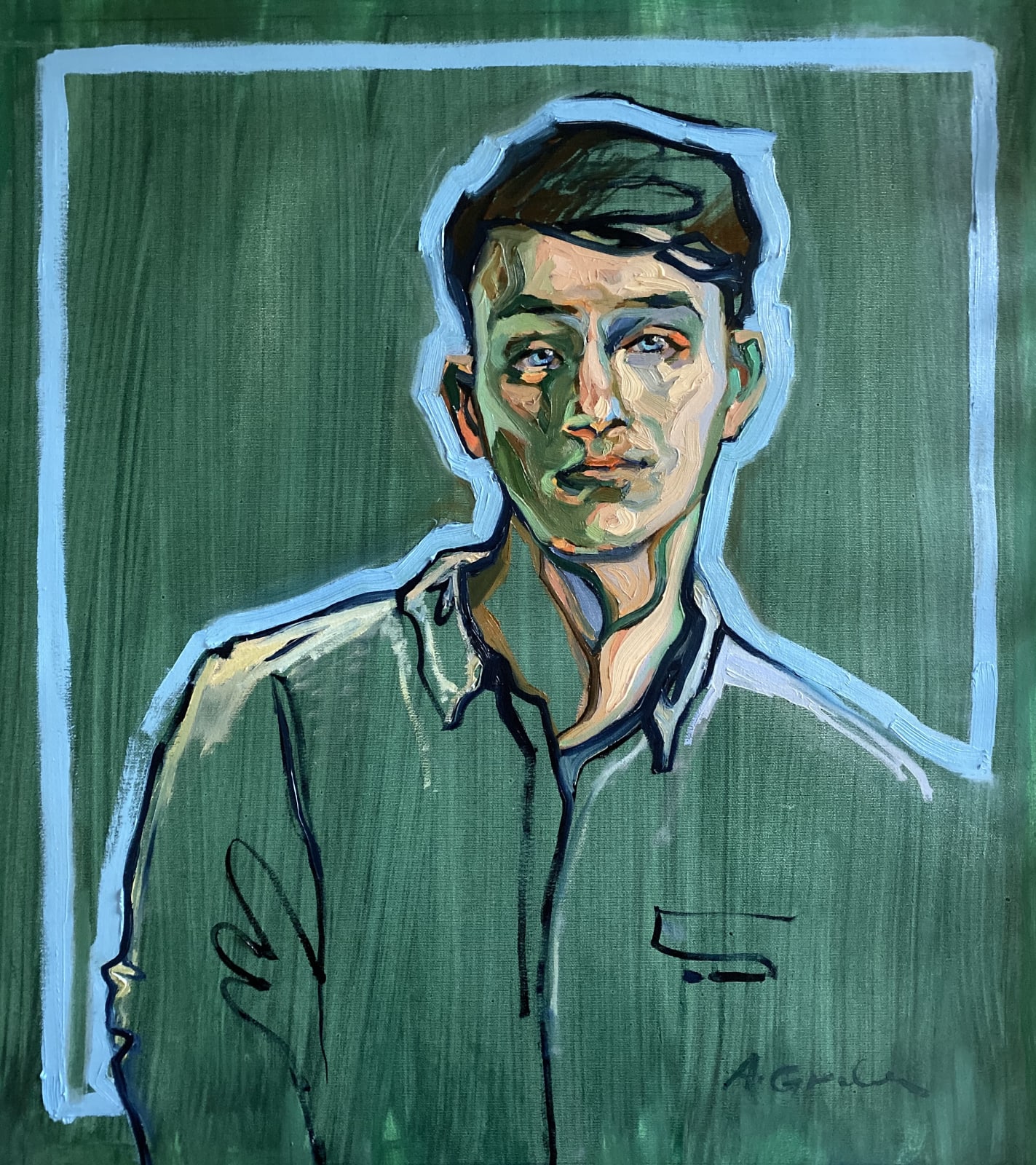 Agnes Grochulska, Portrait with Cerulean Blue Outline, 2020