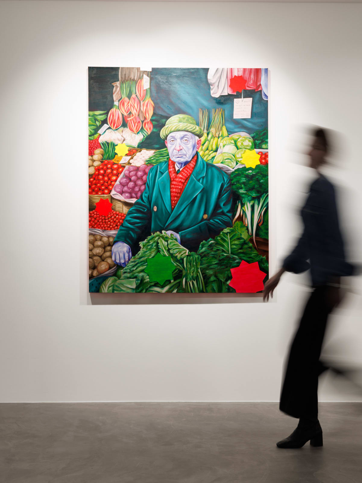 Damien Cifelli Greengrocer at The Crow Road Market, Installation PULPO GALLERY with person walking by