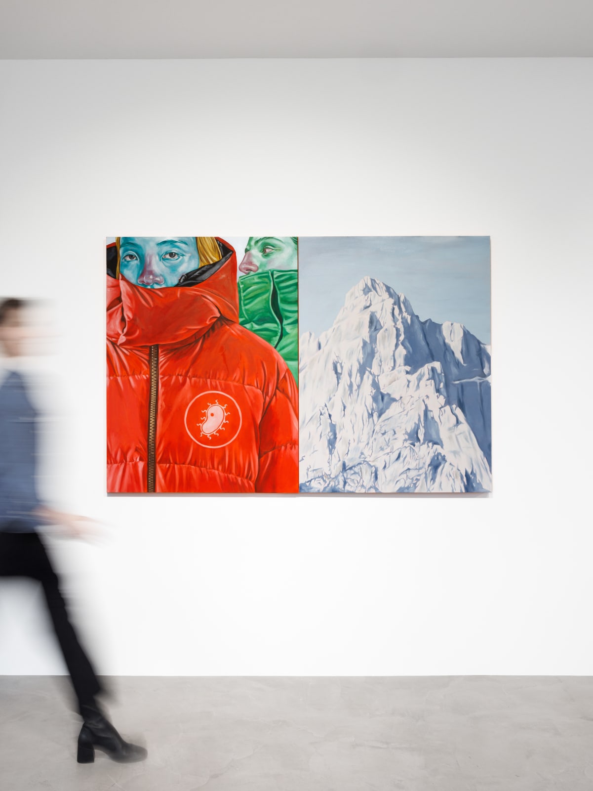 Damien Cifelli Summiting Taro Mountain (Diptych), 2023 Installation PULPO GALLERY with person walking by