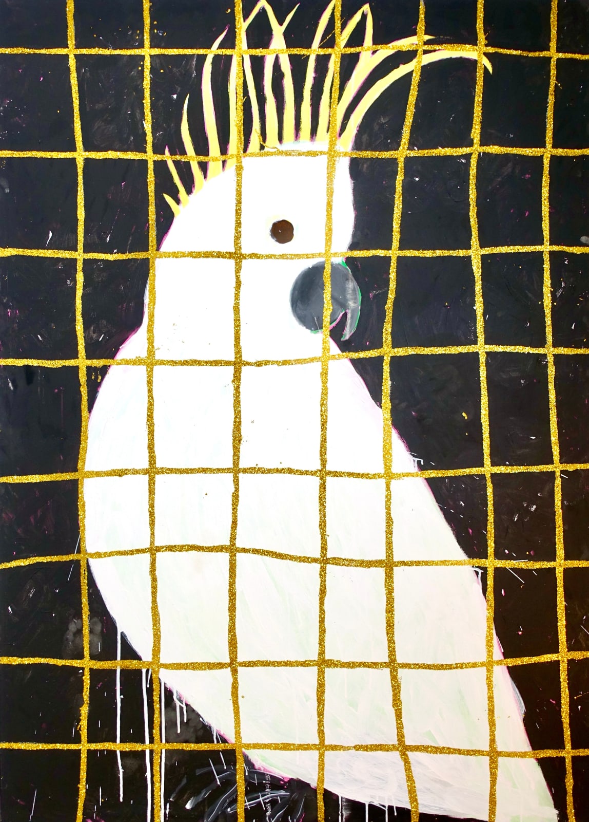 Gabrielle Graessle, golden cage, 2024, acrylic and glitter on canvas
