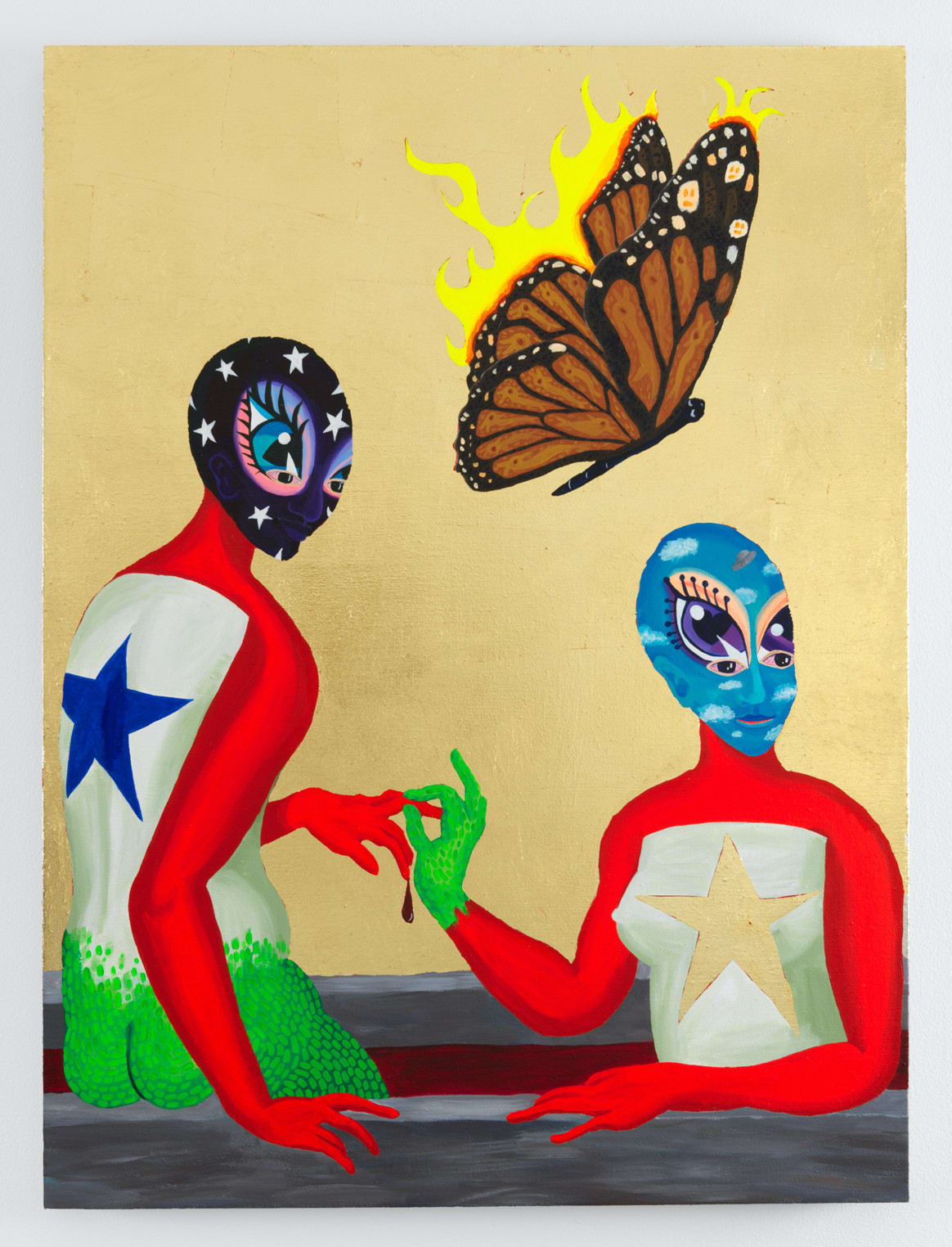 Bailey Scieszka, Sisters (Gold and Blue Star Banner Body Paint), 2018