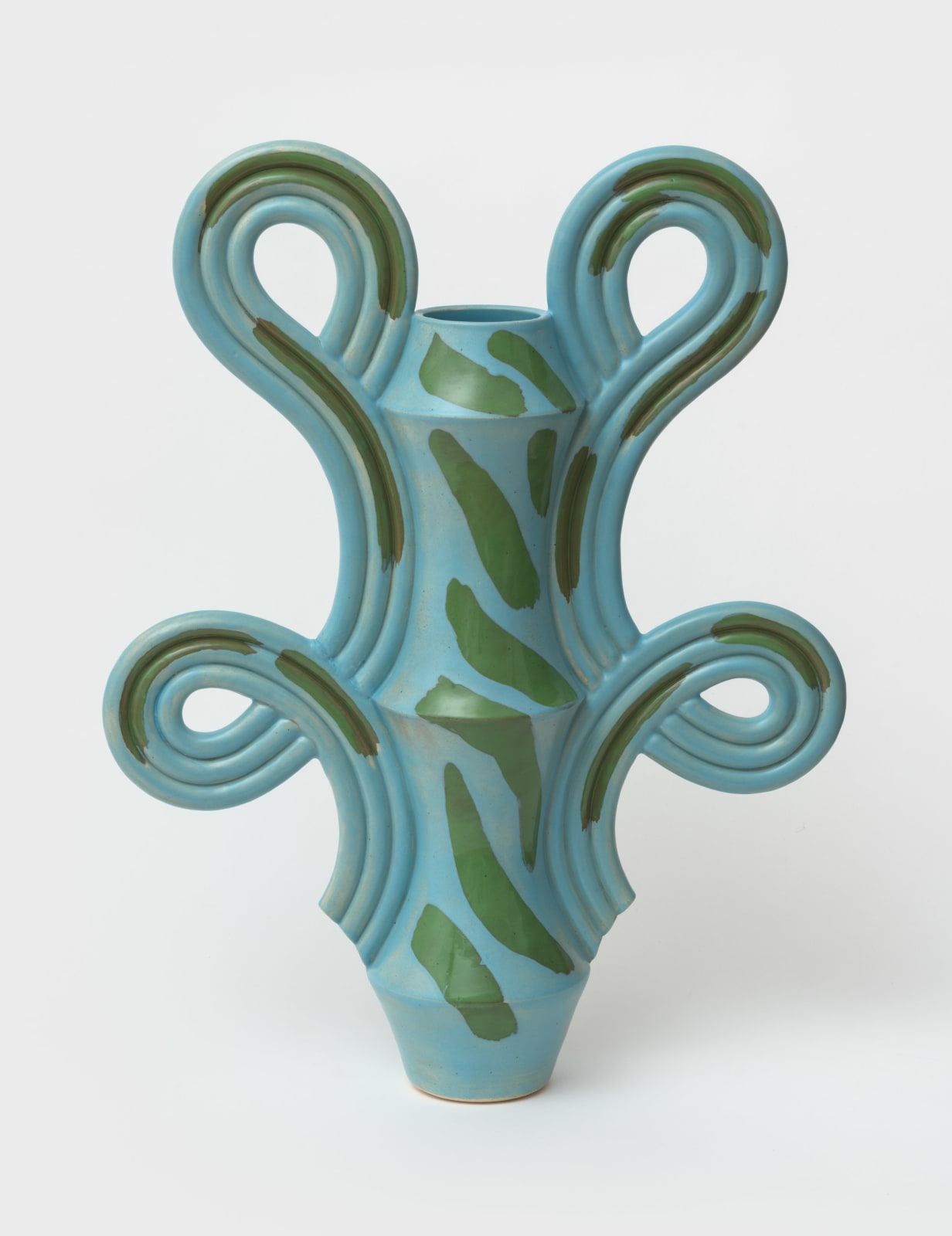 Beginner Ceramics, Double Deco Vase in Baby Blue with Grass Green Shapes, 2025