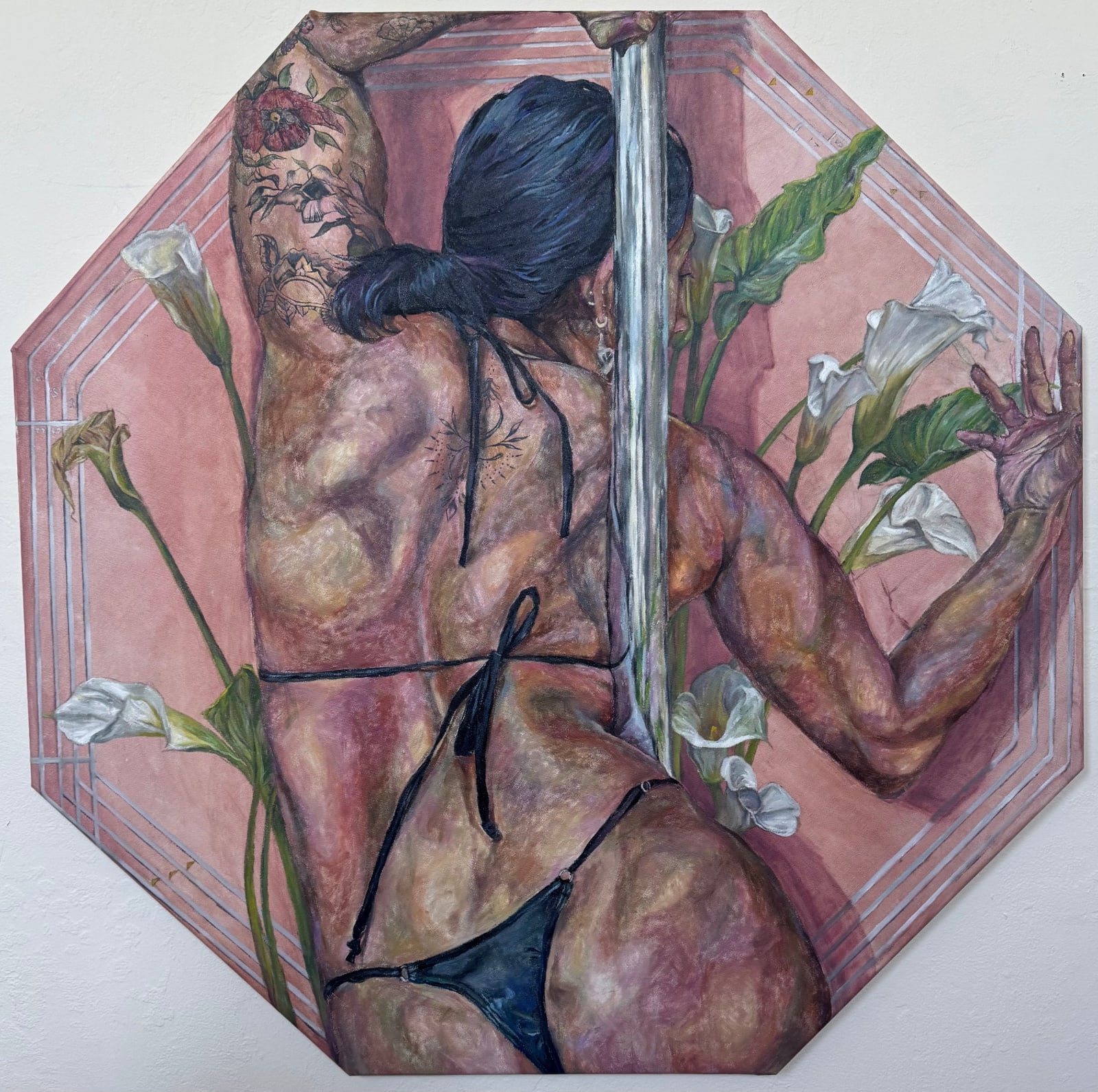 Nibha Akireddy, Strongwoman (Open Hand and Pole) with Calla Lillies, 2025