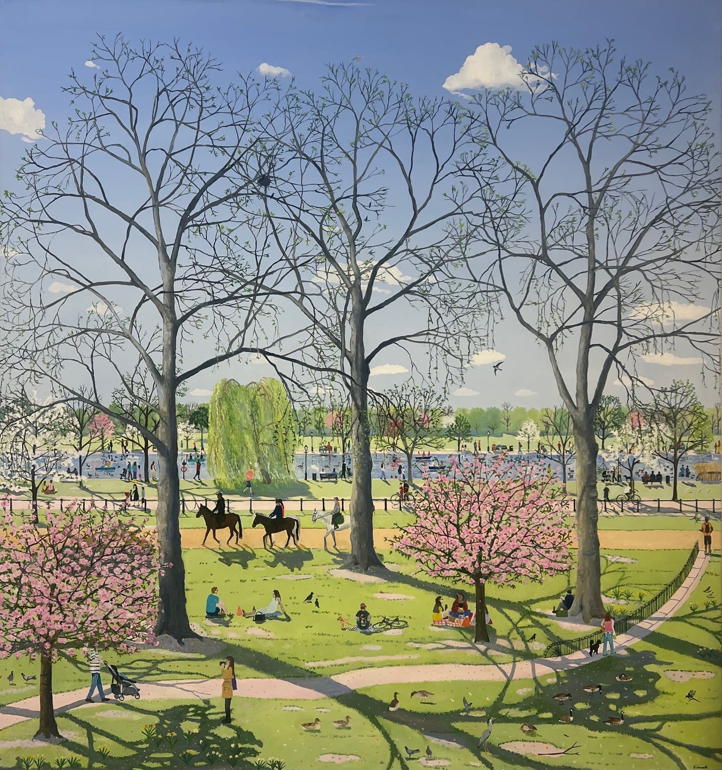 Painting of a sunny day at a city park with green grass and trees and horses and people by artist Emma Haworth represented by Rebecca Hossack Art Gallery.