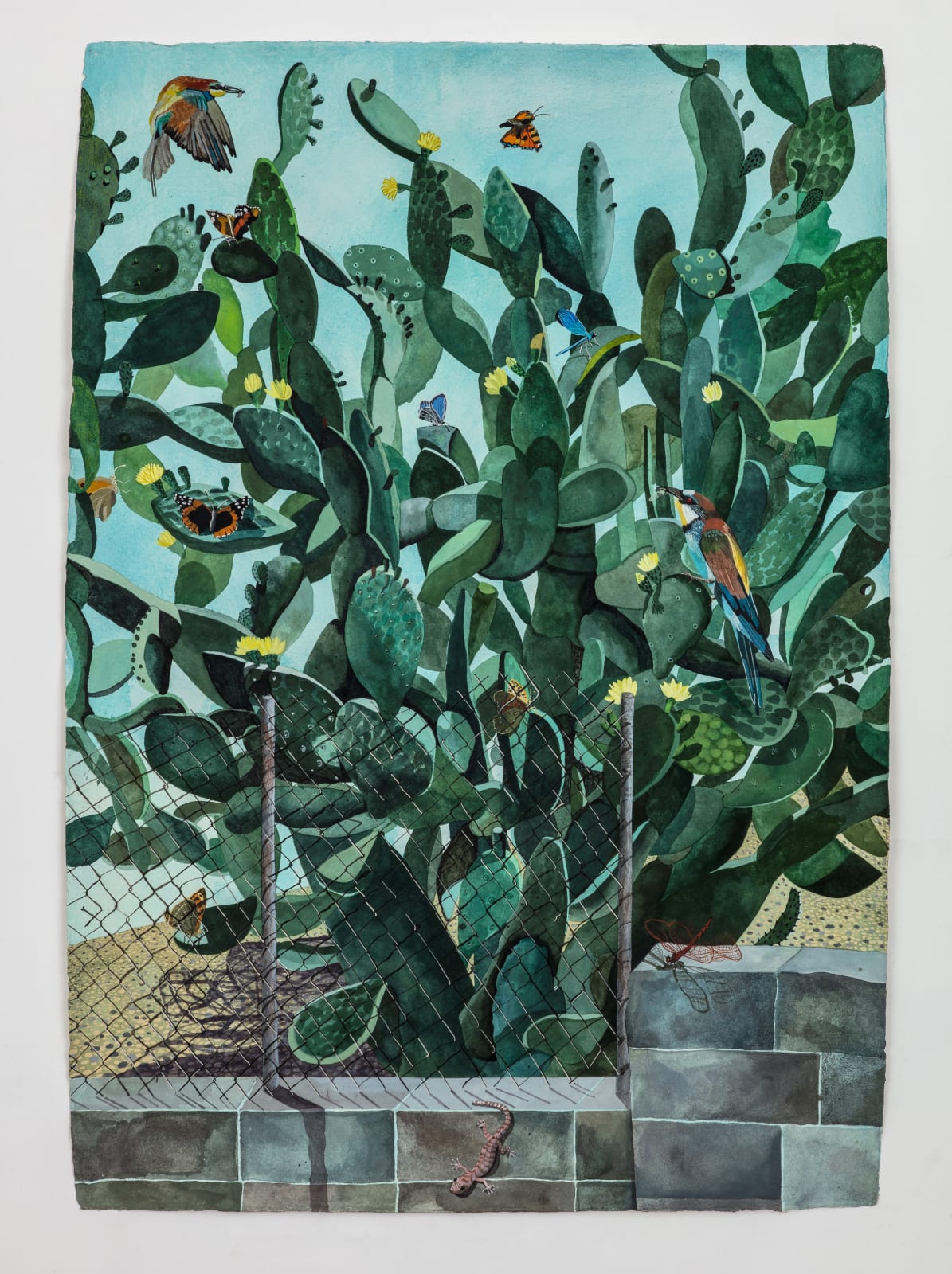 Watercolour of of a pear tree in bloom with green leaves and birds and butterflies by British-Cypriot artist Sophie Charalambous inspired by the flora and fauna of Cyprus.