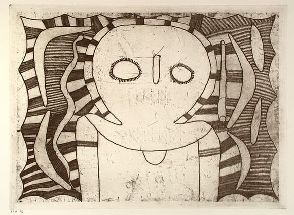 Louis Karedada, etching printed in black ink from one plate, Kimberley, Aboriginal artist and artwork.