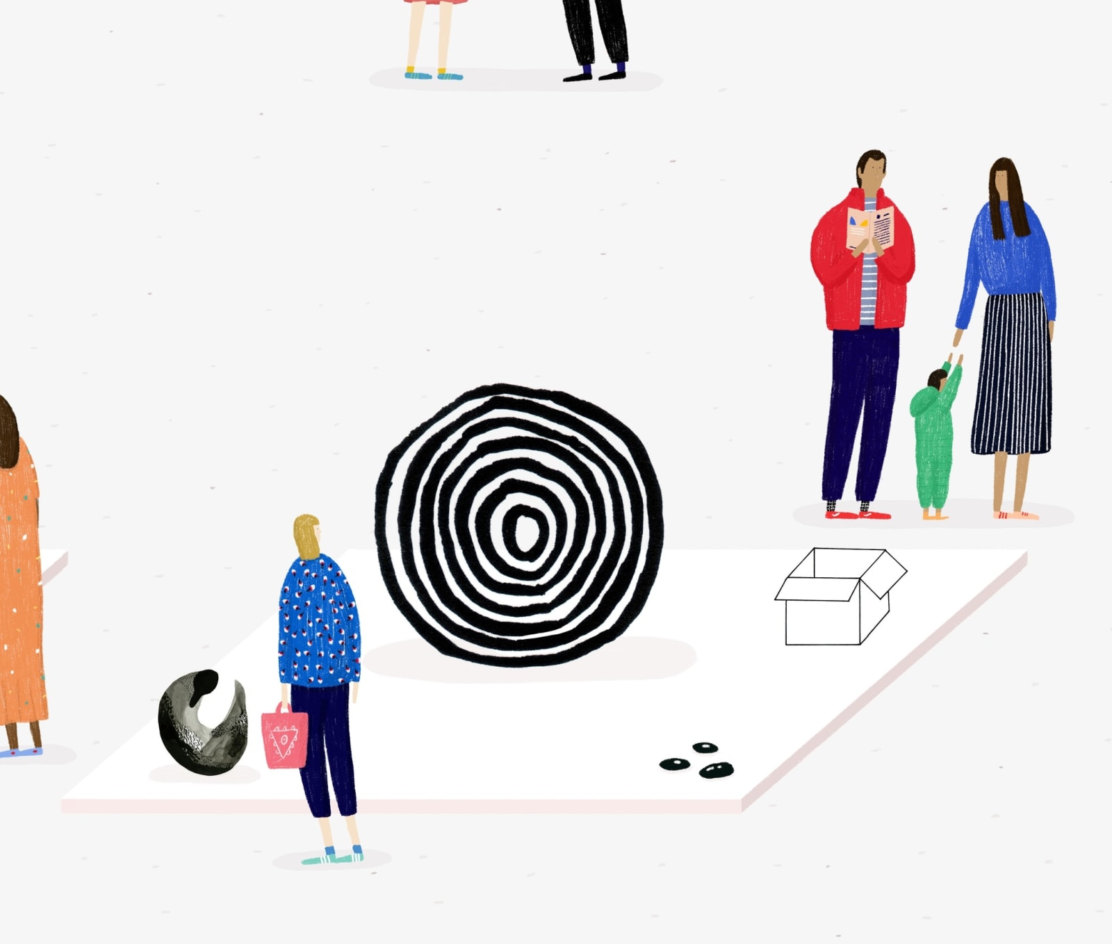 Rose Blake british artist illustrator station museum public spaces with minimal colour shapes and tiny subjects in playful style